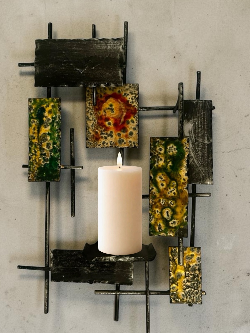 Brutalist Retro Metal Wall Candle Holder with Green and Yellow Enamel Accents